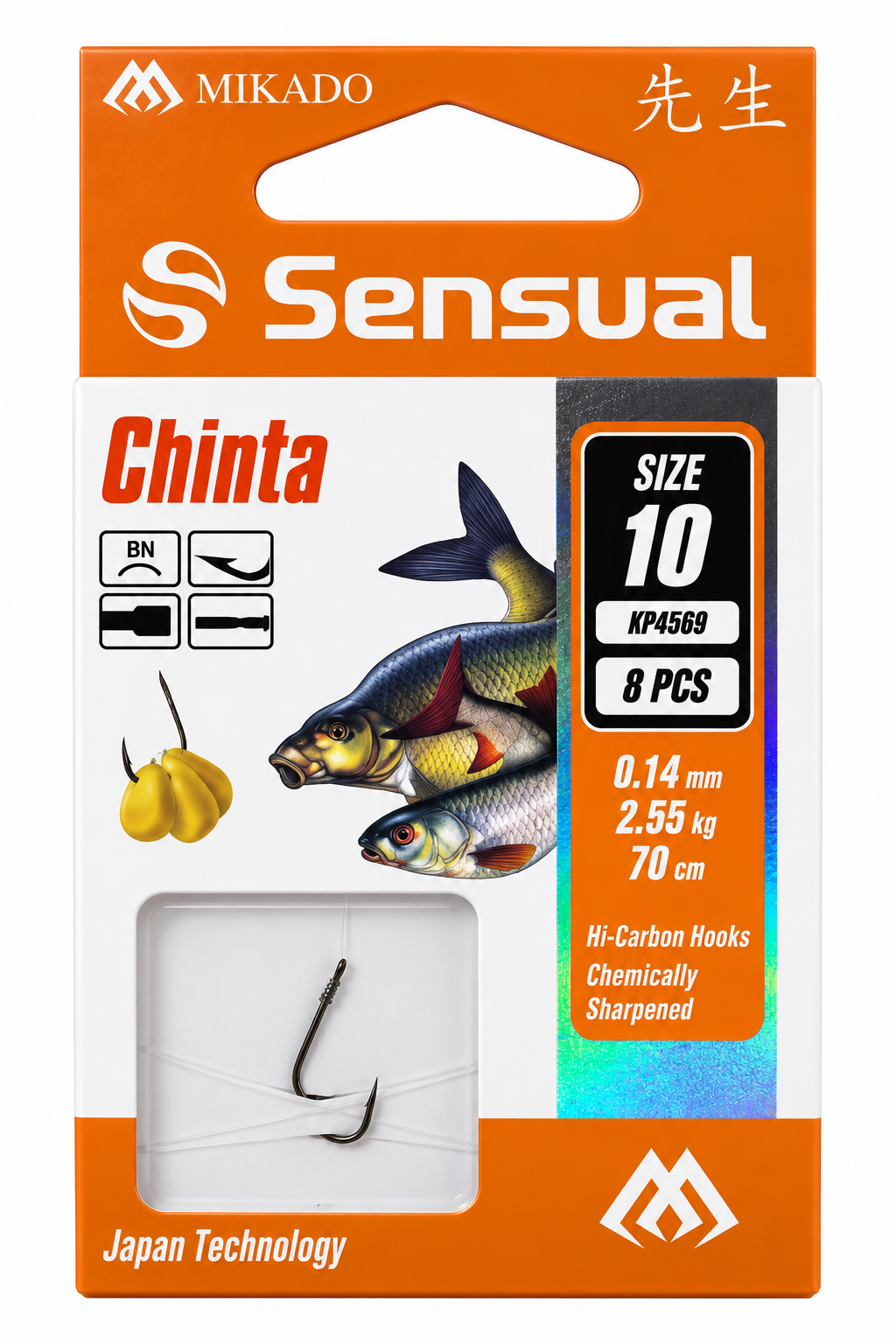 Āķi ar pavadiņu – SENSUAL – CHINTA Nr. 10 BN / aukla: 0,14 mm / 70 cm – 8 gab.