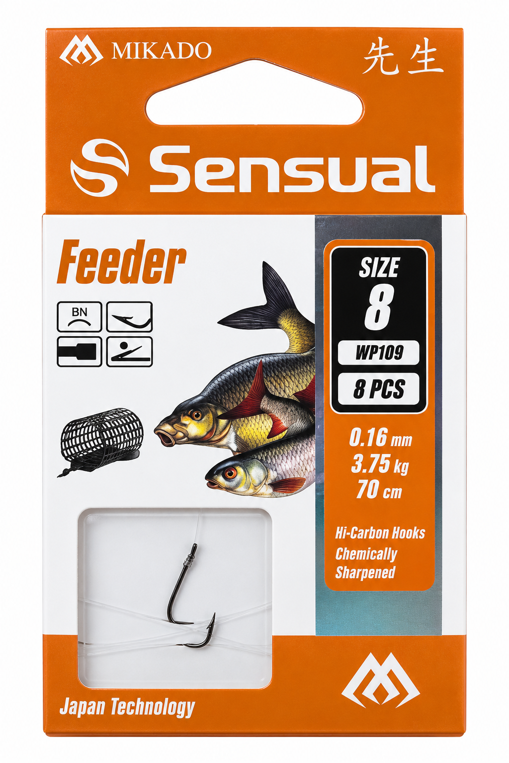 Āķi ar pavadiņām – Sensual – Feeder 9109, Nr. 8 BN / aukla: 0,16 mm / 70 cm – 8 gab.